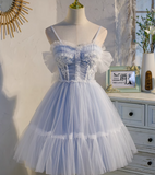 blue A-line tulle lace beaded short prom dress, light blue homecoming dress HZ1024