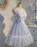 blue A-line tulle lace beaded short prom dress, light blue homecoming dress HZ1024