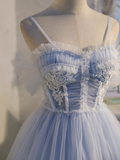 blue A-line tulle lace beaded short prom dress, light blue homecoming dress HZ1024