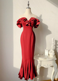 Burgundy Off-the-shoulder Fishtail Dress Slim Fit Party Dress HZ1024