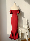 Burgundy Off-the-shoulder Fishtail Dress Slim Fit Party Dress HZ1024