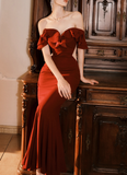 Burgundy Off-the-shoulder Fishtail Dress Slim Fit Party Dress HZ1024