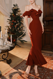 Burgundy Off-the-shoulder Fishtail Dress Slim Fit Party Dress HZ1024