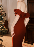 Burgundy Off-the-shoulder Fishtail Dress Slim Fit Party Dress HZ1024