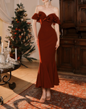Burgundy Off-the-shoulder Fishtail Dress Slim Fit Party Dress HZ1024