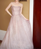 A-line tulle beaded long prom dress, pink formal long dress HZ1024