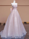A-line tulle beaded long prom dress, pink formal long dress HZ1024