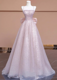 A-line tulle beaded long prom dress, pink formal long dress HZ1024