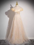 A-line off-the-shoulder tulle sequined long prom dress, sweet 16 dress HZ1024
