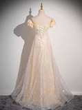 A-line off-the-shoulder tulle sequined long prom dress, sweet 16 dress HZ1024