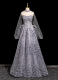 A-line Sweetheart Neck Tulle Rhinestone Long Prom Dress, Grey Formal Long Dress HZ1024