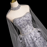 A-line Sweetheart Neck Tulle Rhinestone Long Prom Dress, Grey Formal Long Dress HZ1024