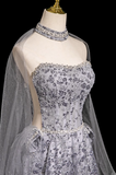 A-line Sweetheart Neck Tulle Rhinestone Long Prom Dress, Grey Formal Long Dress HZ1024
