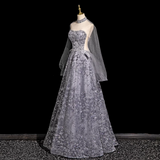 A-line Sweetheart Neck Tulle Rhinestone Long Prom Dress, Grey Formal Long Dress HZ1024