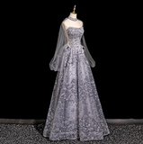 A-line Sweetheart Neck Tulle Rhinestone Long Prom Dress, Grey Formal Long Dress HZ1024