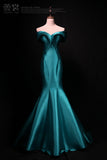 mermaid off-shoulder satin long prom dress,blue formal long dress HZ1024