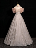 V-neck tulle sequin long prom dress, formal long dress HZ1024