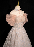 V-neck tulle sequin long prom dress, formal long dress HZ1024