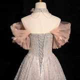 V-neck tulle sequin long prom dress, formal long dress HZ1024