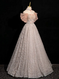 V-neck tulle sequin long prom dress, formal long dress HZ1024