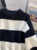 loose lazy style mink black and white striped mid-length sweater HZ1024