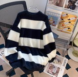 loose lazy style mink black and white striped mid-length sweater HZ1024