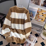loose lazy style mink black and white striped mid-length sweater HZ1024