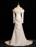 Mermaid Off Shoulder Long Satin Prom Dress, Beige Formal Dress HZ1024