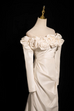 Mermaid Off Shoulder Long Satin Prom Dress, Beige Formal Dress HZ1024
