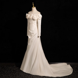 Mermaid Off Shoulder Long Satin Prom Dress, Beige Formal Dress HZ1024