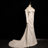 Mermaid Off Shoulder Long Satin Prom Dress, Beige Formal Dress HZ1024