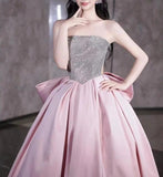 A-line satin sequin long prom dress, pink formal dress HZ1024