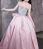 A-line satin sequin long prom dress, pink formal dress HZ1024