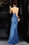 Halter Neck A-Line Satin Long Prom Dress, Blue Formal Dress HZ1024