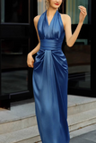 Halter Neck A-Line Satin Long Prom Dress, Blue Formal Dress HZ1024