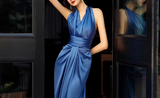 Halter Neck A-Line Satin Long Prom Dress, Blue Formal Dress HZ1024