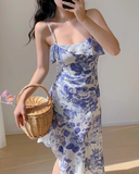 retro ruffle hem purple floral suspender dress HZ1024