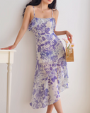 retro ruffle hem purple floral suspender dress HZ1024
