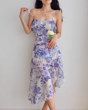retro ruffle hem purple floral suspender dress HZ1024