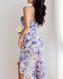 retro ruffle hem purple floral suspender dress HZ1024