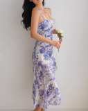 retro ruffle hem purple floral suspender dress HZ1024