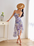 retro ruffle hem purple floral suspender dress HZ1024