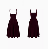 Retro Burgundy A-Line Square Neck Velvet Dress for Birthday&Graduation HZ1024