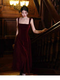 Retro Burgundy A-Line Square Neck Velvet Dress for Birthday&Graduation HZ1024