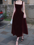 Retro Burgundy A-Line Square Neck Velvet Dress for Birthday&Graduation HZ1024