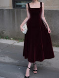 Retro Burgundy A-Line Square Neck Velvet Dress for Birthday&Graduation HZ1024