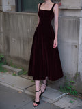 Retro Burgundy A-Line Square Neck Velvet Dress for Birthday&Graduation HZ1024