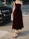 Retro Burgundy A-Line Square Neck Velvet Dress for Birthday&Graduation HZ1024