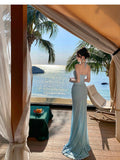 Blue Mermaid Halter Neck Long Prom dress Evening Dress HZ1024