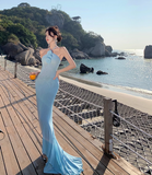 Blue Mermaid Halter Neck Long Prom dress Evening Dress HZ1024
